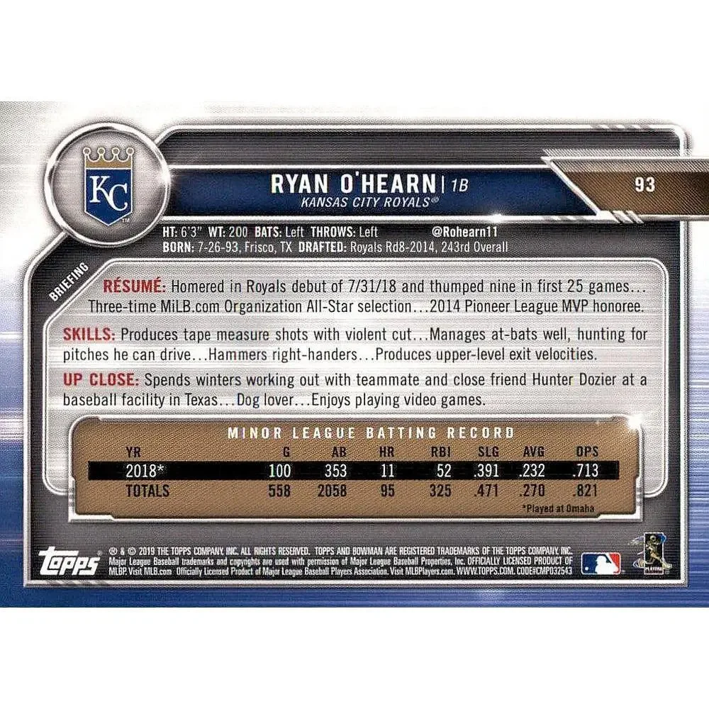 2019 Bowman Ryan O'Hearn RC #93 Kansas City Royals
